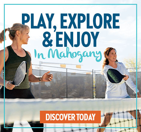 Image: Pickleball teammates. Text: Play, Explore & Enjoy in Mahogany